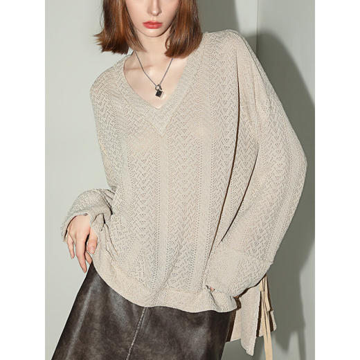 COCOBELLA设计师款精致镂空V领针织衫下摆开叉飘带毛衣MZ3099 商品图1