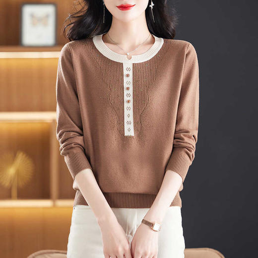 CC-22-137秋贵妇妈妈装羊毛针织衫上衣女长袖拼色打底衫毛衣洋气小衫 商品图1