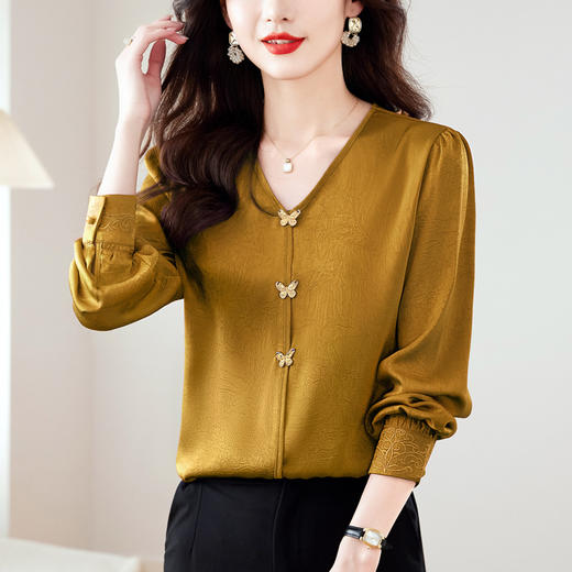 蝴蝶装饰刺绣v领衬衫，通勤气质长袖上衣KQL-369H1918 商品图2