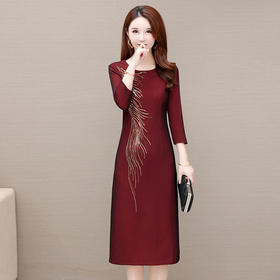 时尚优雅亮片包臀一步裙，七分袖修身气质连衣裙QYM-OMS-RB103-L