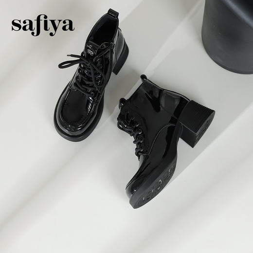 Safiya/索菲娅2024冬英伦风圆头侧拉链时尚漆皮粗高跟厚底马丁靴 SF44116253 商品图5