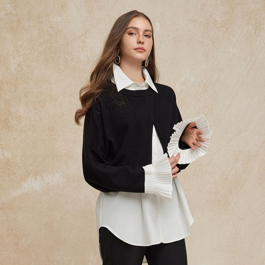 PG647斯尔丽2024秋冬新款时尚含羊毛真两件白衬衫搭配设计感长袖毛衫 商品图2