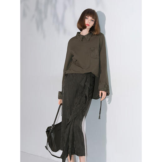 COCOBELLA新中式提花拼接翻折袖衬衫女秋翻领套头衬衣SR7060 商品图2