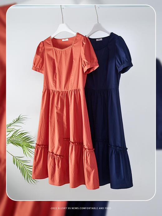 【专属特价】熙世界纯棉钻石领连衣裙夏新款气质收腰轻薄透气A字裙子 商品图3