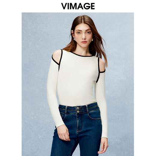 VIMAGE纬漫纪秋季新款露肩修身显瘦T恤上衣V2213826 商品图3
