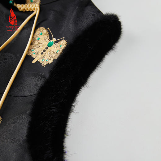 SAINTJOY/上久楷女式宋锦马甲 貂绒丝绵马甲 黑金绿 CY1044207001 商品图4