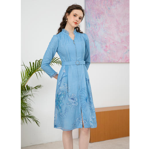 司歌刺绣弹力七分袖拉链风衣裙R901007X 商品图1