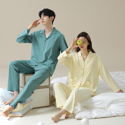 【抗菌棉】自然醒「初恋亿次」纯棉带胸垫女士睡衣男居家服秋冬长袖全棉薄款纯色情侣家居服套装JLM 商品图8