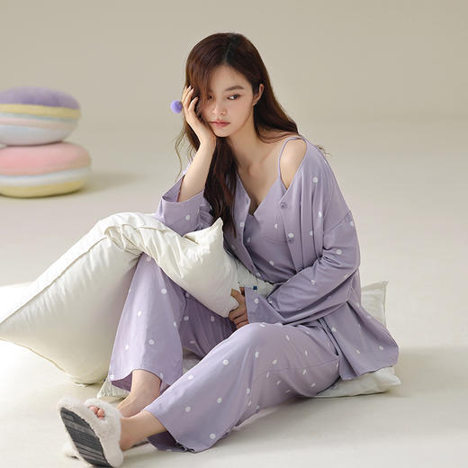 自然醒「雪泥甜心」带胸垫三件套睡衣女春秋季7A抗菌纯棉波点长袖家居服套装JLM 商品图13