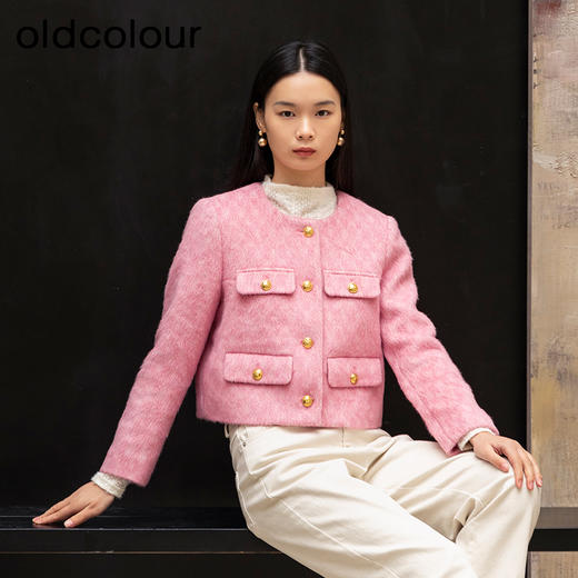 oldcolour冬季新款粉色小香风名媛气质短款毛呢外套女P460405A1 商品图0