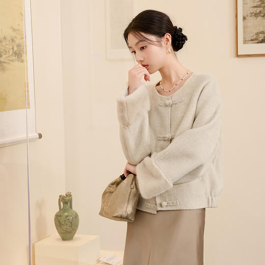 三彩【月烟如梦】2024冬季新款新中式双面呢大衣短款圆领盘扣毛呢C 商品图1