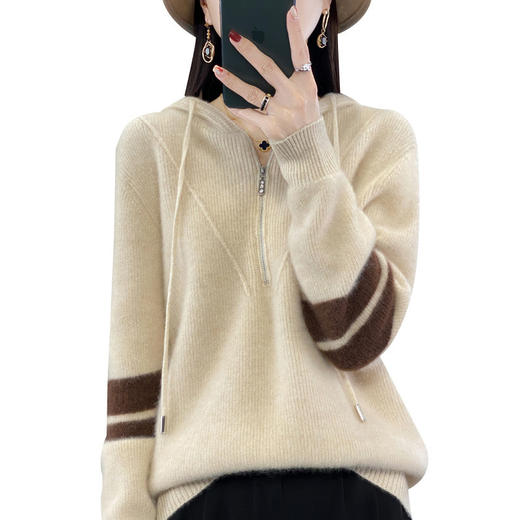 QHJY-DMR107秋冬新款加厚拼接羊毛衫帽衫网红女针织打底衫毛衣上衣可外穿 商品图4