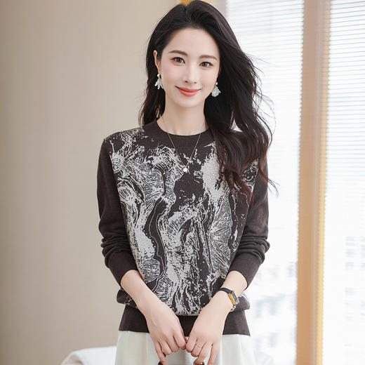 CC-28-1275复古印花羊毛针织衫秋季百搭显瘦休闲长袖圆领水墨画女士打底上衣 商品图2