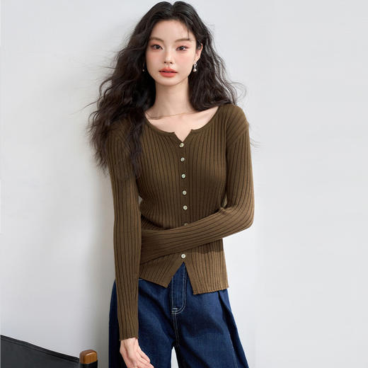 经典百搭长袖针织衫女早春正肩显瘦坑条高弹软糯针织开衫V3442400 商品图4