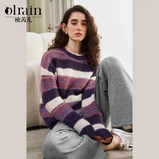 OLrain欧芮儿条纹套头毛衣女秋季2024年新款圆领慵懒休闲通勤上衣 商品图0
