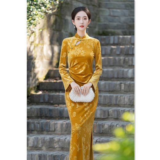 改良丝绒长款，新中式长袖旗袍GX-262681 商品图2