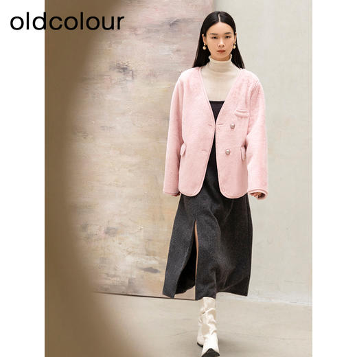 oldcolour秋冬新品V领保暖时尚纯色编织边外套女P430402A1 商品图3