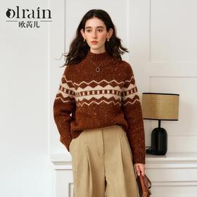 OLrain欧芮儿咖色半高领毛衣女秋季2024年新款法式复古套头上衣
