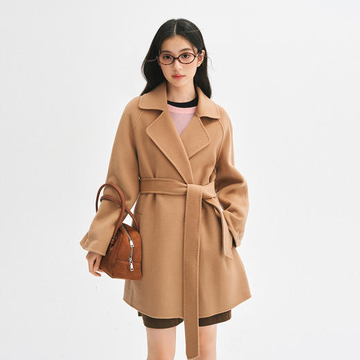【严选】诗凡黎绵羊毛双面呢2024冬新款小个子高级中长系带毛呢外套大衣女SF7170171D 商品图2