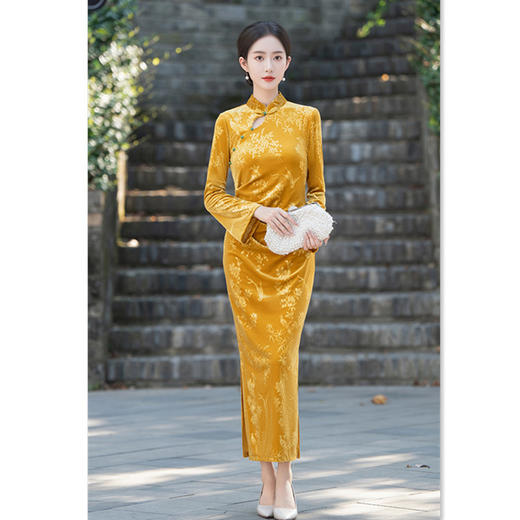 改良丝绒长款，新中式长袖旗袍GX-262681 商品图3