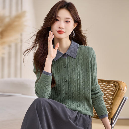 100纯羊毛衫扭花毛衣开衫拼色假两件，polo领长袖针织衫CC-108-1301 商品图3