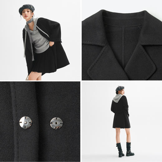 【严选】诗凡黎绵羊毛双面呢2024冬新款小个子高级中长系带毛呢外套大衣女SF7170171D 商品图3