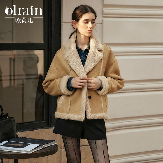 OLrain欧芮儿卡其皮草外套女冬季2024年新款时尚翻领加厚保暖上衣 商品图0