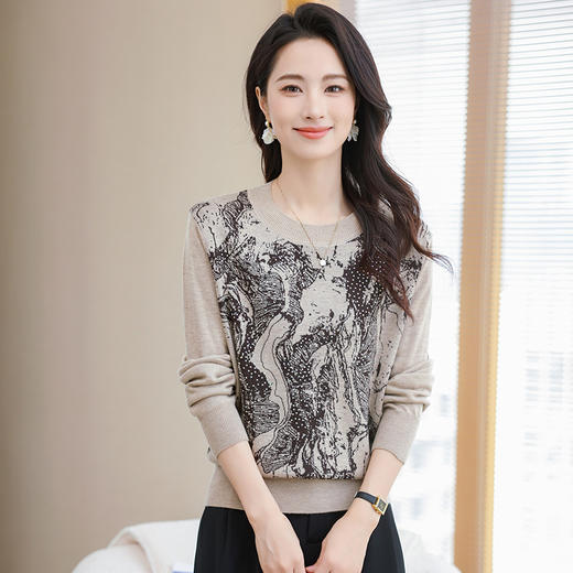 CC-28-1275复古印花羊毛针织衫秋季百搭显瘦休闲长袖圆领水墨画女士打底上衣 商品图1