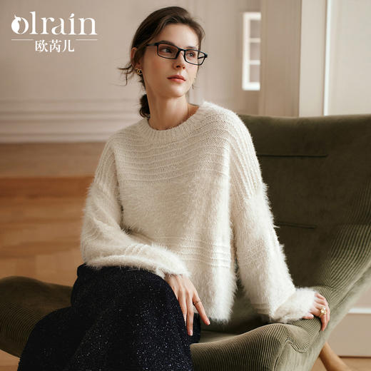OLrain欧芮儿法式杏色毛衣女冬季2024年新款慵懒风圆领套头上衣 商品图0