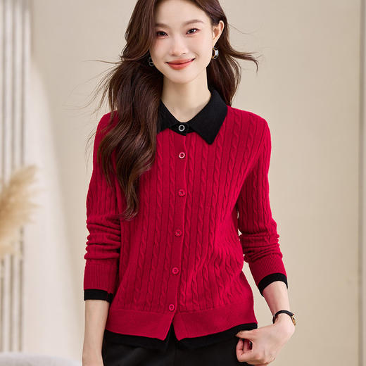 100纯羊毛衫扭花毛衣开衫拼色假两件，polo领长袖针织衫CC-108-1301 商品图1