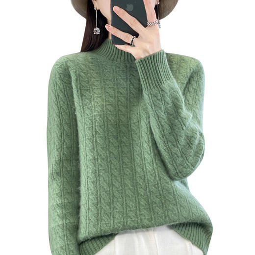 QHJY-DMR093  秋冬新款纯羊毛衫宽松女半高领套头纯色厚羊绒针织衫打底毛衣 商品图4