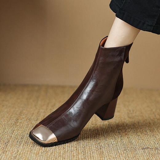 【预售5天】欧美时尚秋冬季方头金属头粗跟高跟短靴女及踝靴黑色拉链LD&6941 商品图1