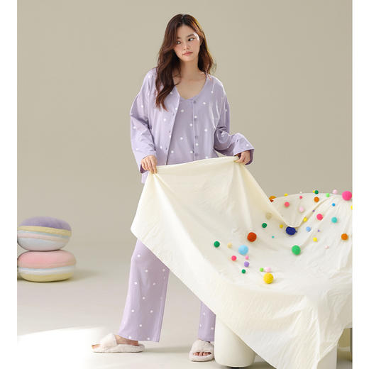 自然醒「雪泥甜心」带胸垫三件套睡衣女春秋季7A抗菌纯棉波点长袖家居服套装JLM 商品图12