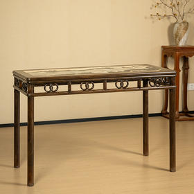 清 紫檀镶云石圆包圆双圈卡子花条桌