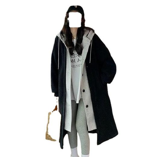 秋冬新款韩系拼接假两件长款外套 连帽羊羔绒宽松加绒美拉徳女装 商品图4