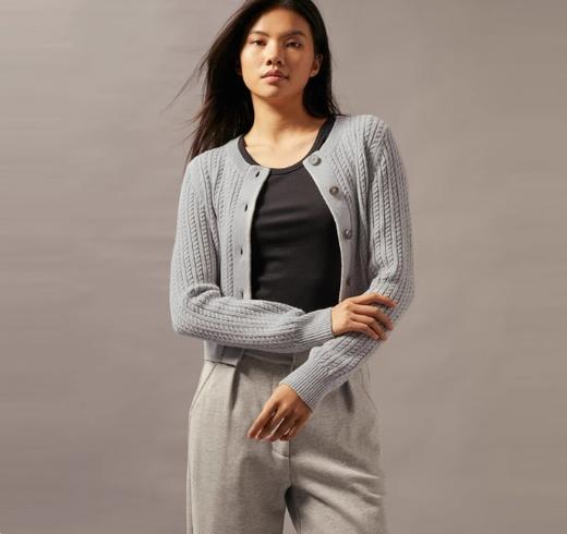 CK Jeans女羊毛混纺短款绞花圆领纽扣针织开衫J224570 商品图1