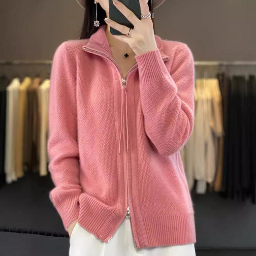 QHJY-NJRG851秋冬新款双拉链高领加厚羊毛开衫女纯色显瘦保暖外套针织上衣 商品图1