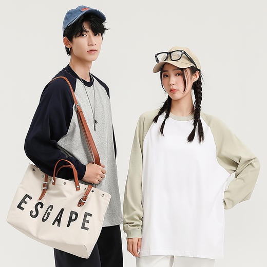 自由基地秋冬新款250克纯棉潮牌插肩圆领长袖T恤卫衣拼色男女同款 NMT-2181 商品图0