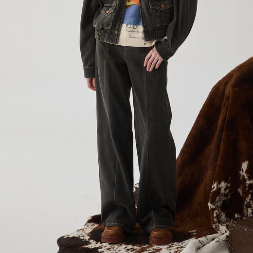 谜底牛仔阔腿裤女2024冬季新品复古风高腰随性宽松长裤244MK1523 商品图1