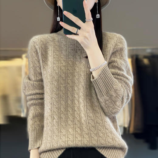 QHJY-DMR093  秋冬新款纯羊毛衫宽松女半高领套头纯色厚羊绒针织衫打底毛衣 商品图0