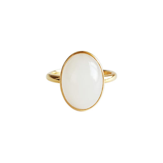 【天然正品】AU750黄金镶天然新疆籽料一级白油润度佳蛋面和田玉戒指14号（戒圈可改）女士款现售价：2380！270824NJ19 商品图0