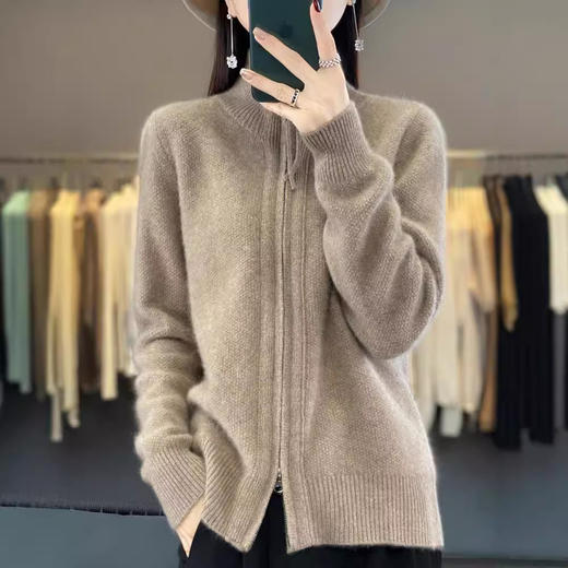 QHJY-NJRG851秋冬新款双拉链高领加厚羊毛开衫女纯色显瘦保暖外套针织上衣 商品图0