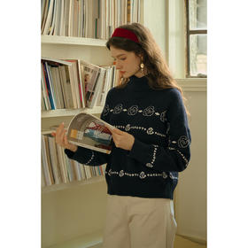 SimpleRetro蓝莓芝士 文艺玫瑰提花高领毛衣女秋冬法式套头针织衫