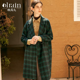 OLrain欧芮儿格纹毛呢外套女冬季2024年新款百搭通勤双面呢大衣