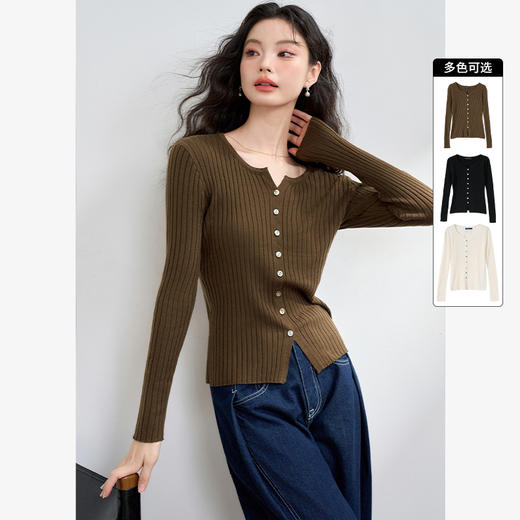 经典百搭长袖针织衫女早春正肩显瘦坑条高弹软糯针织开衫V3442400 商品图0