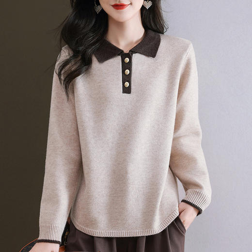CC-5-6091翻领撞色秋冬季新款针织打底衫女士学院风穿搭洋气短上衣红色毛衣 商品图2