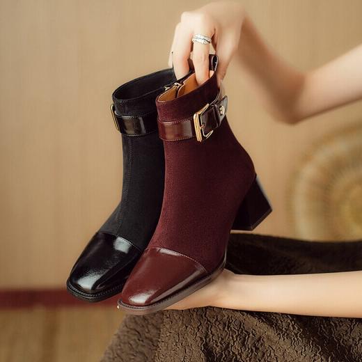 【预售5天】英伦风方头粗跟拼接马丁靴秋冬加绒保暖切尔西短靴瘦瘦靴NJMK&K1137 商品图2