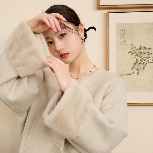 三彩【月烟如梦】2024冬季新款新中式双面呢大衣短款圆领盘扣毛呢C 商品图2