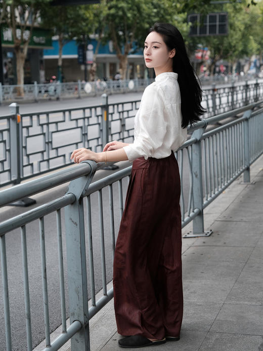 下架|盛唐婧 |桑蚕丝红云纱阔腿长裤(半松紧腰） 商品图0