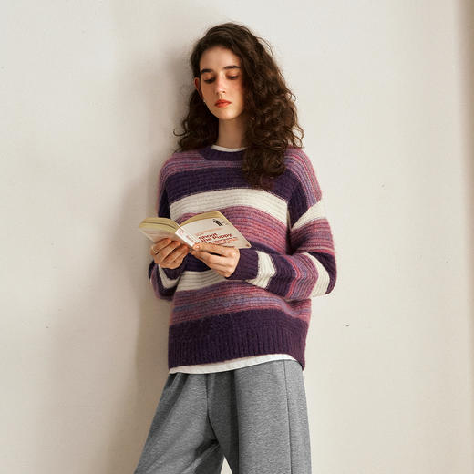 OLrain欧芮儿条纹套头毛衣女秋季2024年新款圆领慵懒休闲通勤上衣 商品图3